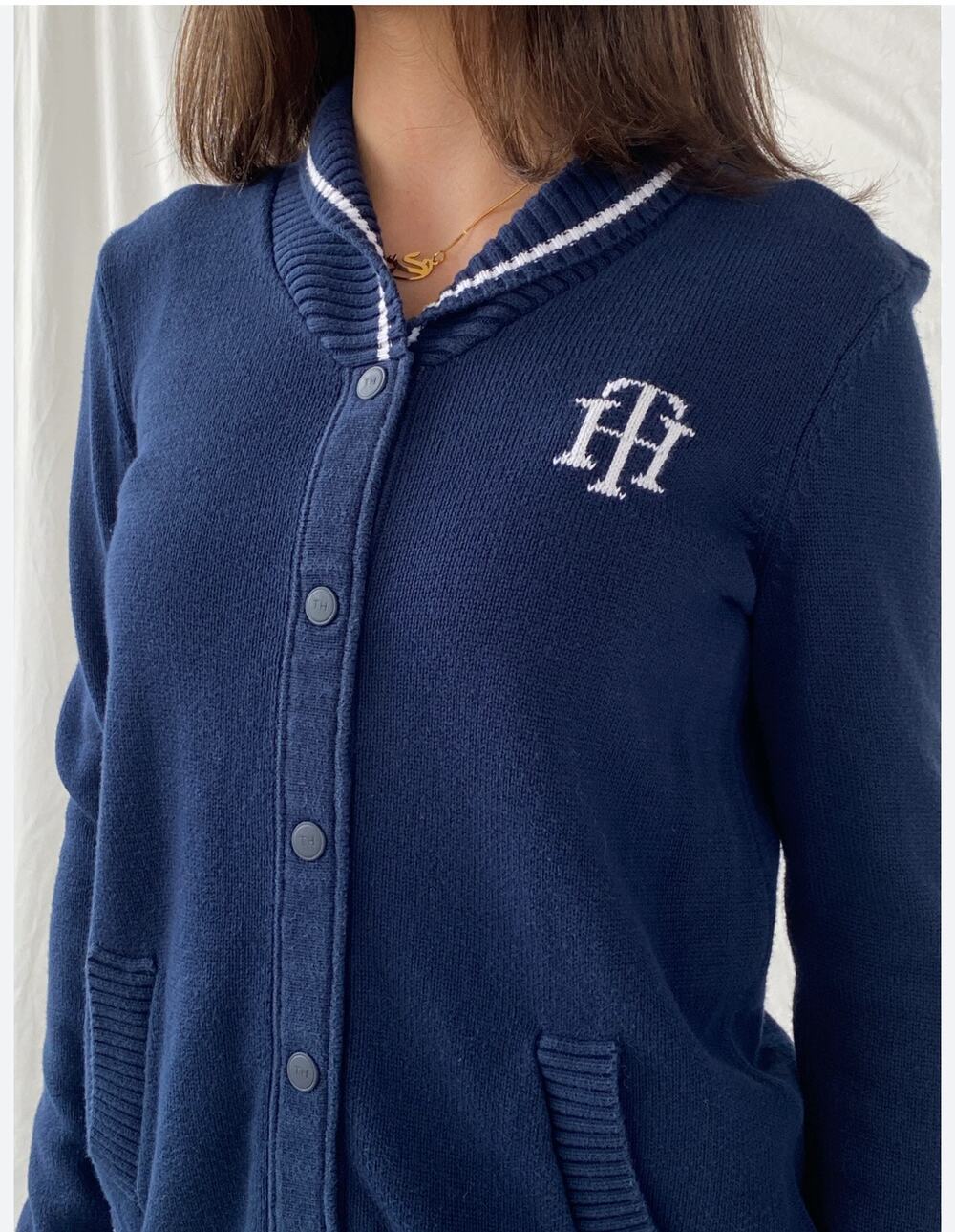 Women's Tommy Hillfiger Snap Button Navy Cardigan Preppy Monogram Cardigan Sz XS